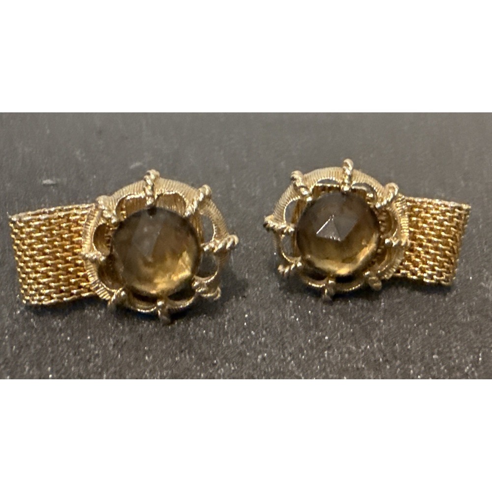 Vtg Gold Tone‎ Mesh Wrap Cufflinks Golden Brown Cabochon Midcentury